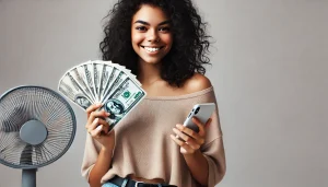 A smiling woman holding a smartphone in one hand and a fan of hundred-dollar bills in the other, representing financial transactions like a 300 dollar loan.