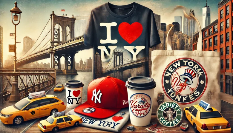 Iconic NYC-themed gifts, including an "I ❤️ NY" T-shirt, a New York Yankees cap, and NYC-branded coffee cups, with the Brooklyn Bridge and Manhattan skyline in the background.