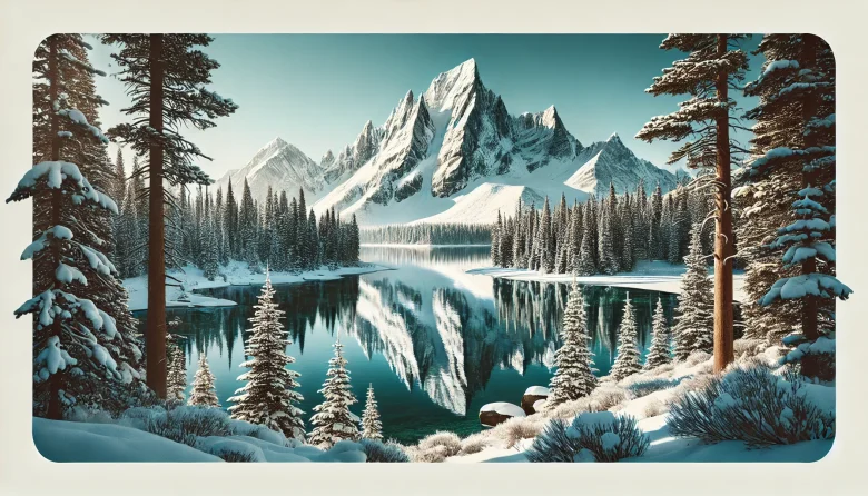 Snow-covered mountain range reflecting on a pristine lake in a national park during winter