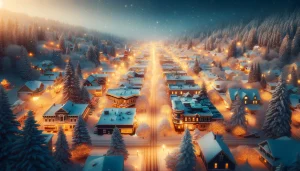 A scenic winter landscape of a snowy town in the US illuminated by warm lights, surrounded by trees and snow-covered rooftops.