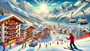 A skier in a red jacket sitting on a snowy slope in the French Alps with ski lifts and mountains in the background