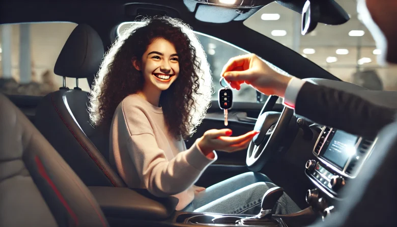 A smiling young woman with curly hair inside a car, receiving car keys from a salesperson, symbolizing a first time auto loan.