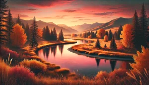 Scenic autumn landscape in Montana with a river, colorful trees, and distant mountains under a glowing October sunset