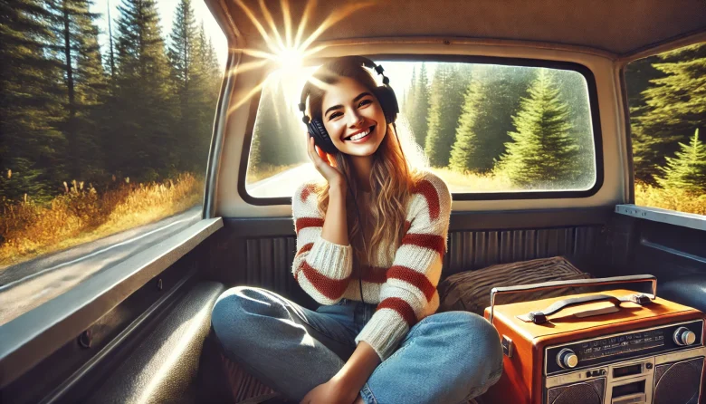 Smiling woman sitting in the back of a truck bed surrounded by trees, wearing headphones and enjoying a road trip podcast