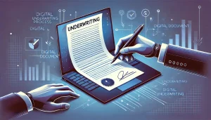 Illustration of a digital document being signed on a laptop, representing the underwriting process